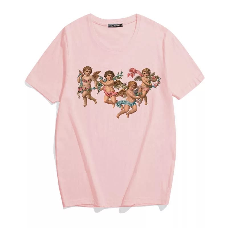 Cute 90s Angel Art Cartoon Print Short Sleeve T-shirt Vintage Punk Aesthetic Casual Summer E-Girl Kawaii Korean Japanese Haraju