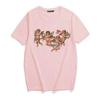 Cute 90s Angel Art Cartoon Print Short Sleeve T-shirt Vintage Punk Aesthetic Casual Summer E-Girl Kawaii Korean Japanese Haraju