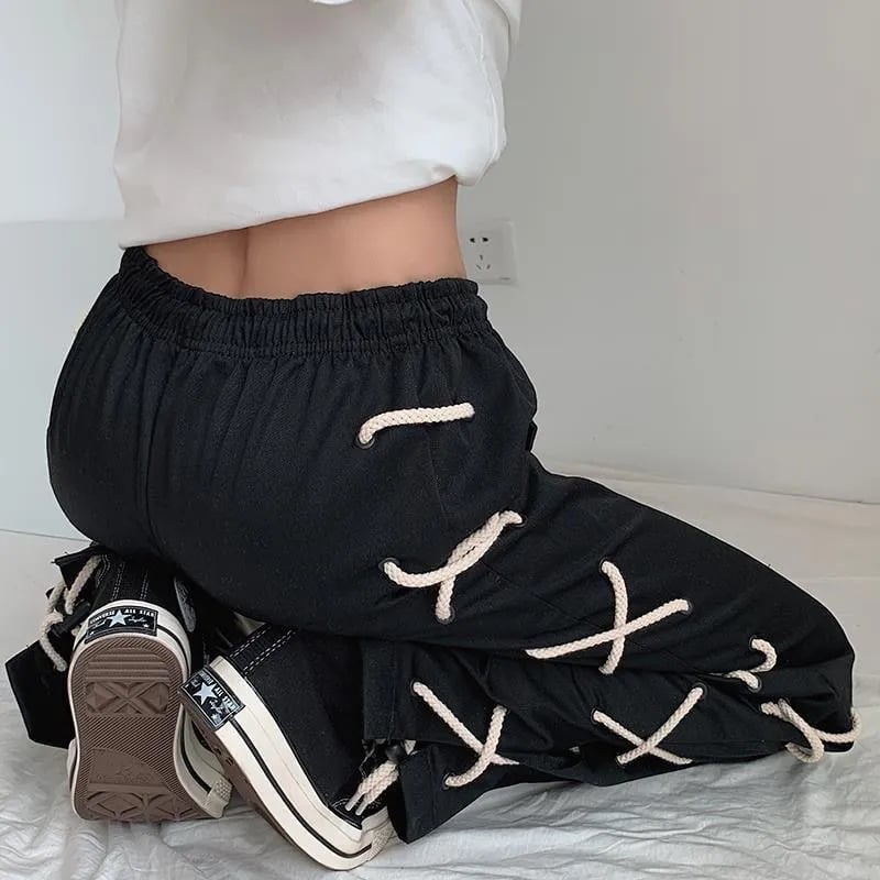 Black Lace Up Wide Leg Trousers