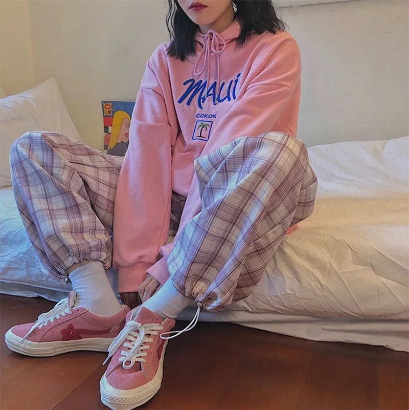 Cute Pastel Pink Checkered Plaid Pants Autumn Punk High Waisted Causal Loose Trouser Hip Hop Bottoms E-Girl Kawaii Korean Japanese Harajuku Streetwear