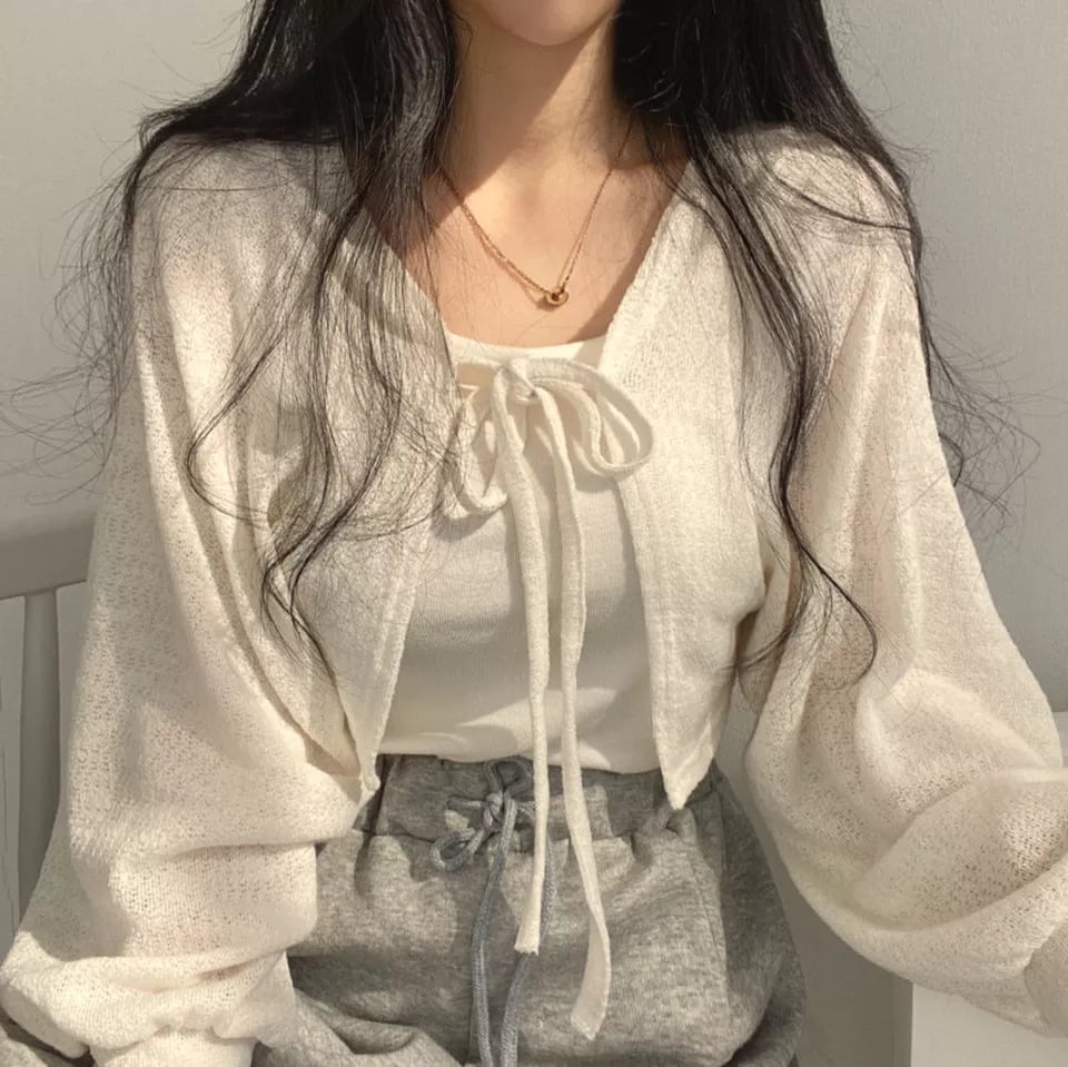 White Thin Lantern Long Sleeve Cardigan