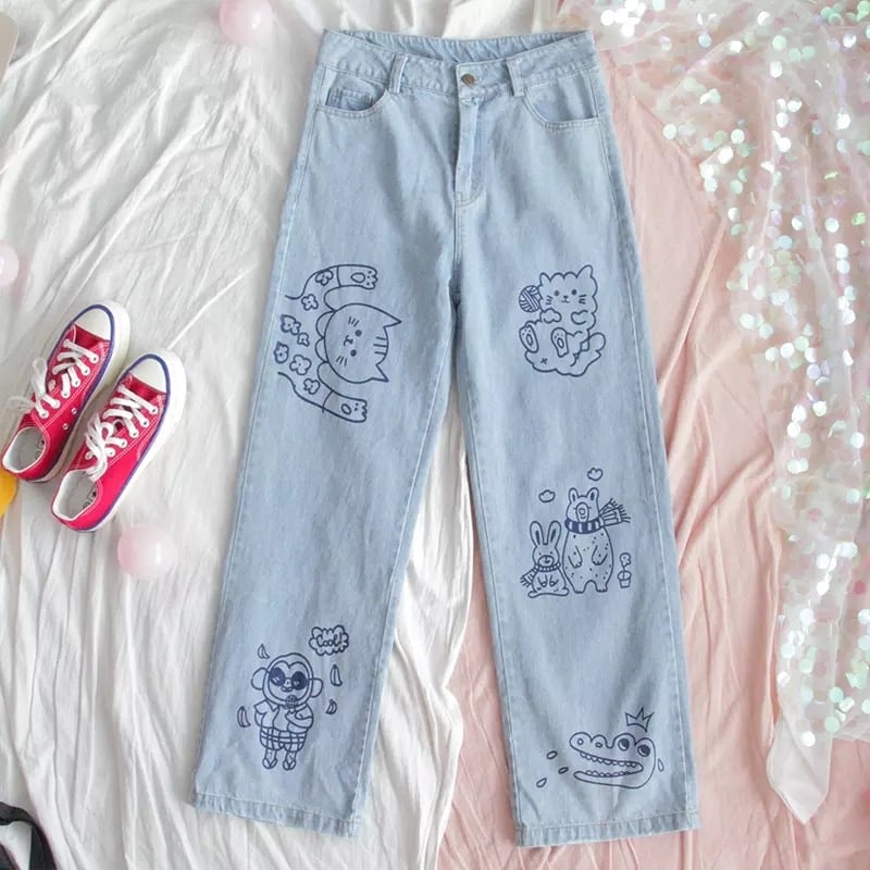Cat Animal Cartoon Print Loose High Waisted Straight Demin Jeans Trousers Female Pants E-Girl Kawaii Korean Japanese Harajuku Streetwear