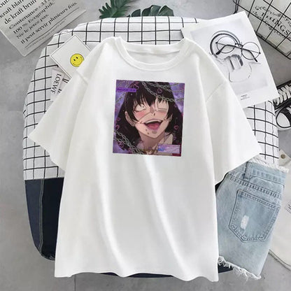 Cute Yandere Anime Girl Cartoon Print Short Sleeve Tee Shirt T-shirt Top Punk Goth Summer Casual E-Girl Kawaii Korean Japanese Harajuku Streetwear