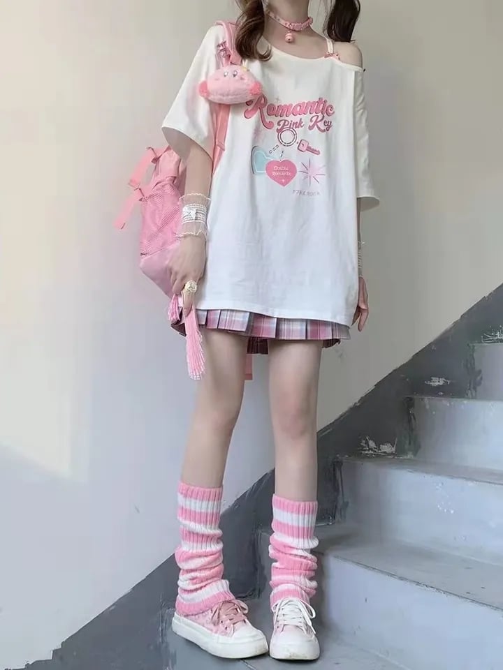 Sweet Pink Print Off Shoulder Short Sleeve T-shirt