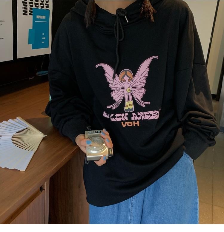 Butterfly Embroidery Hoodie Sweater Sweatshirt Long Sleeve Shirt Pullover Jumper Causal E-Girl Kawaii Korean Japanese Harajuku Streetwear