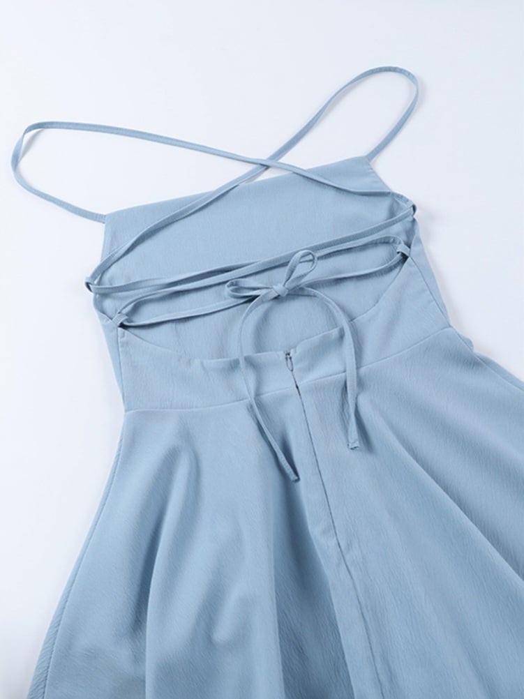 Blue Double Layer Backless Dress