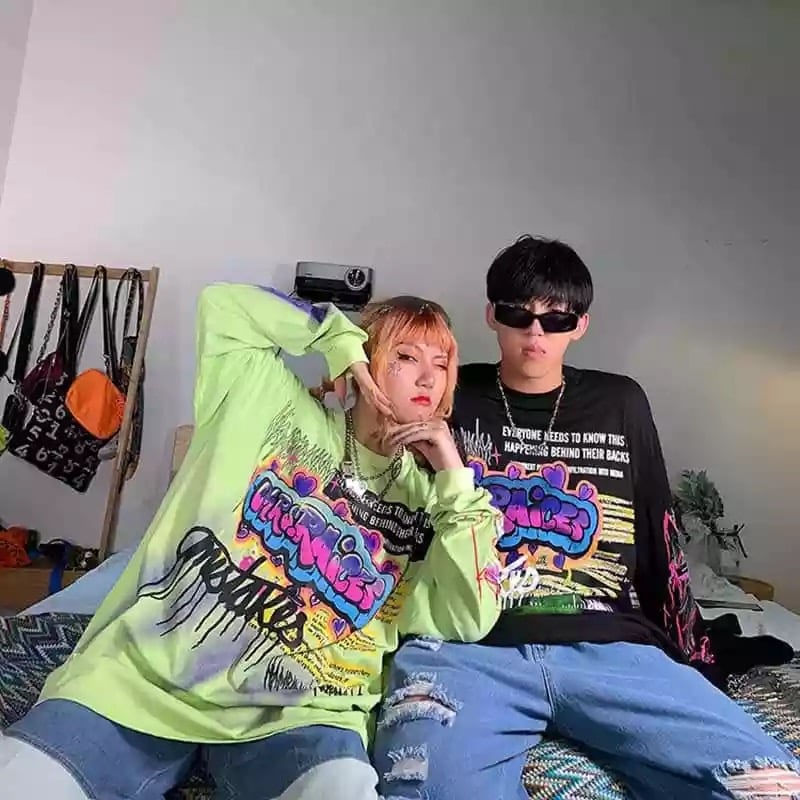 Cute Graffiti Art Graphic Print Punk Baggy Hip Hop Oversized Long Sleeve Tee Shirt T-shirt Top E-Girl Kawaii Korean Japanese Harajuku Streetwear