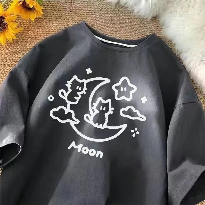 Cat Moon Print Short Sleeve T-shirt