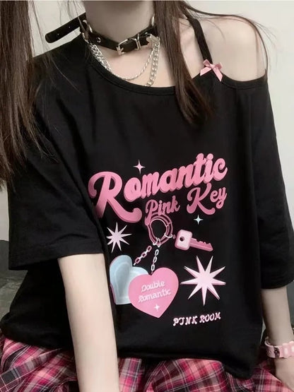 Sweet Pink Print Off Shoulder Short Sleeve T-shirt
