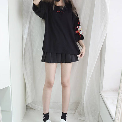 Fox Anime Cartoon Print Vintage Black T-shirt Short Sleeve Tee Shirt Causal Summer Top E-Girl Kawaii Korean Japanese Harajuku Streetwear