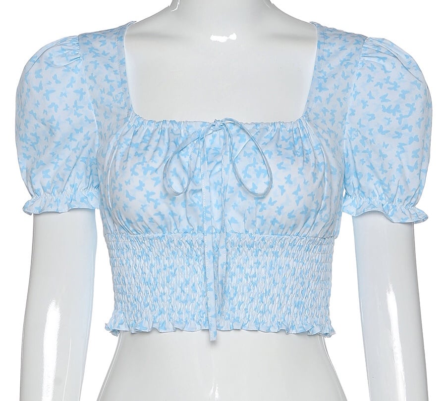 Cute Floral Butterfly Puff Tie Up Crop Top Short Sleeve Shirt Tee T-shirt Kawaii Korean Japanese Harajuku Chinese Retro Streetwear Aesthetic Fashion