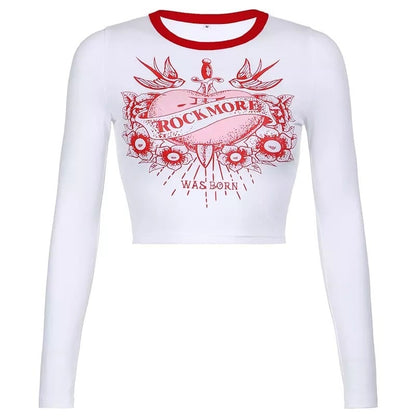Cute Retro Rock Heart Aesthetic Print Crop Top Long Sleeve Shirt Tee T-shirt Punk Goth Summer Casual E-Girl Kawaii Korean Japanese Harajuku Streetwear
