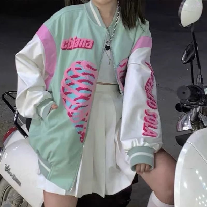 Retro Vintage Pastel Heart Ribs Print Oversized Long Sleeve Zipper Hoodie Sweatshirt Aesthetic Casual E-Girl Kawaii Korean Japanese Harajuku