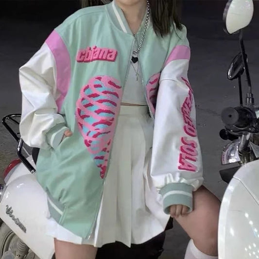 Retro Vintage Pastel Heart Ribs Print Oversized Long Sleeve Zipper Hoodie Sweatshirt Aesthetic Casual E-Girl Kawaii Korean Japanese Harajuku