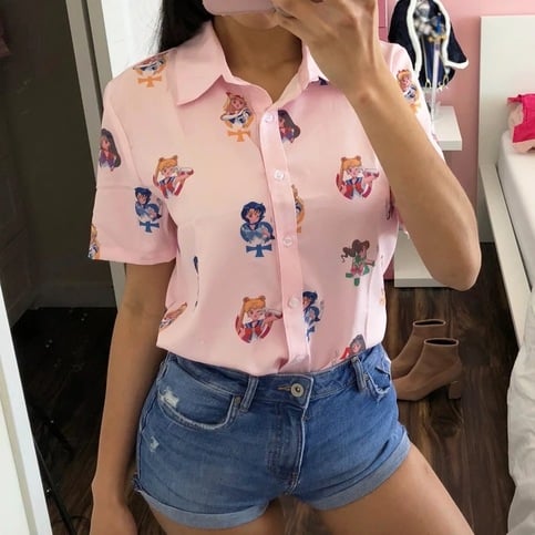 Pastel Anime Girl Japanese Print Cartoon Button Down Short Sleeve Shirt