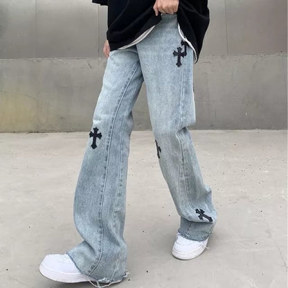 Cute Cross Jean High Waist Straight Baggy Pants Denim Trousers Summer Aesthetic Casual E-Girl Kawaii Korean Japanese Harajuku