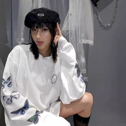 Cute Vintage White Butterfly Print Long Sleeve Shirt Sweatshirt Loose Oversized Autumn Aesthetic E-Girl Kawaii Korean Japanese Harajuku Streetwear