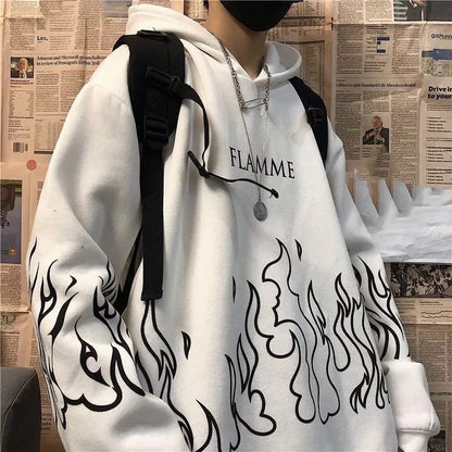 White Black Flame Fire Cartoon Casual Loose Oversized Hoodie Sweater Sweatshirt Long Sleeve Pullover E-Girl Kawaii Korean Japanese Harajuku Streetwear