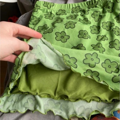 Cute Sexy 90s Boho Retro Vintage Green Flower Mesh Trim A-line Mini Skirt Bottoms Aesthetic E-Girl Kawaii Korean Japanese Harajuku Streetwear
