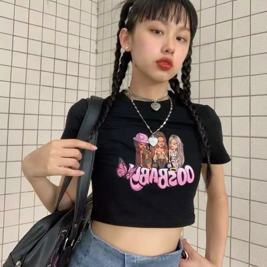Sexy Pink Cartoon Doll Print Short Sleeve Shirt Crop Top Tee T-shirt Top Causal Summer E-Girl Kawaii Korean Japanese Harajuku Streetwear