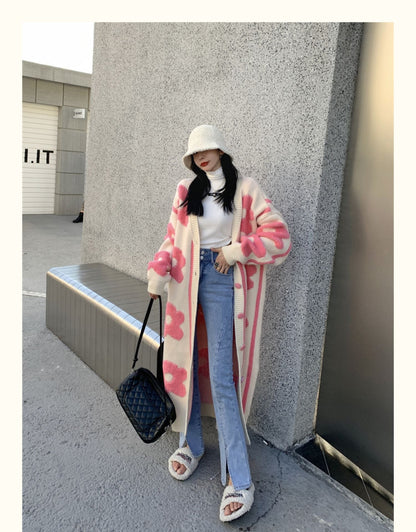 Pink Flower Oversized Knit Cardigan