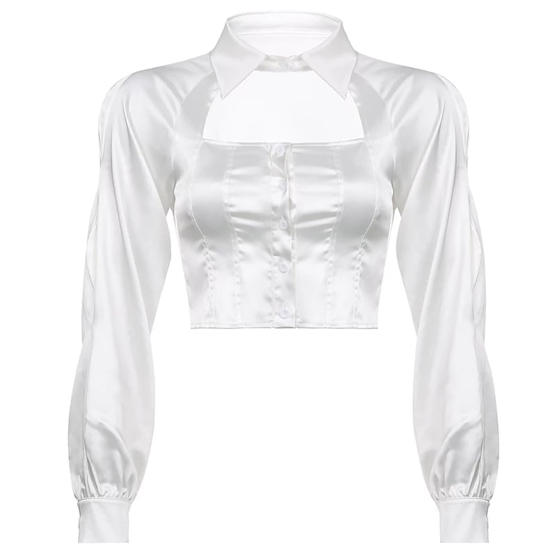 Cute White Silk Hollow Out Collar Cropped Top Long Sleeve Shirt Blouse Elegant Aesthetic Casual E-Girl Kawaii Korean Japanese Harajuku