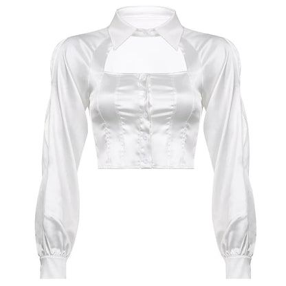 Cute White Silk Hollow Out Collar Cropped Top Long Sleeve Shirt Blouse Elegant Aesthetic Casual E-Girl Kawaii Korean Japanese Harajuku
