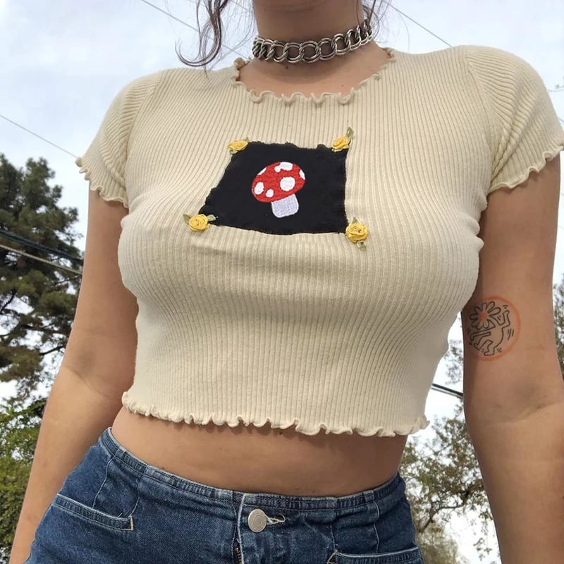 Cute Brown Mushroom Print Short Sleeve Shirt Crop Top Frill Ruffles Punk Aesthetic Casual E-Girl Kawaii Korean Japanese Harajuku