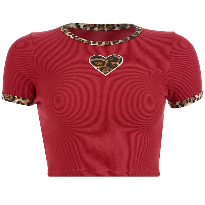 Cute Sexy Leopard Animal Print Heart Crop Top Short Sleeve Shirt Tee T-shirt E-Girl Kawaii Korean Japanese Harajuku Chinese Retro Streetwear Aesthetic