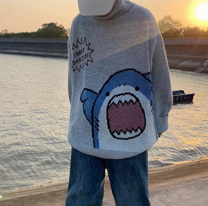 Cute Funny Shark Cartoon Knit Turtleneck Oversized Sweater Pullover Winter Aesthetic Casual Kawaii Korean Japanese Harajuku