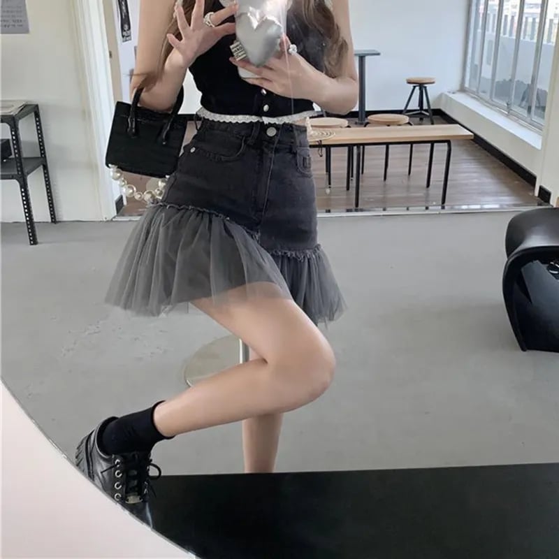 Black Tulle Patchwork Denim Skirt