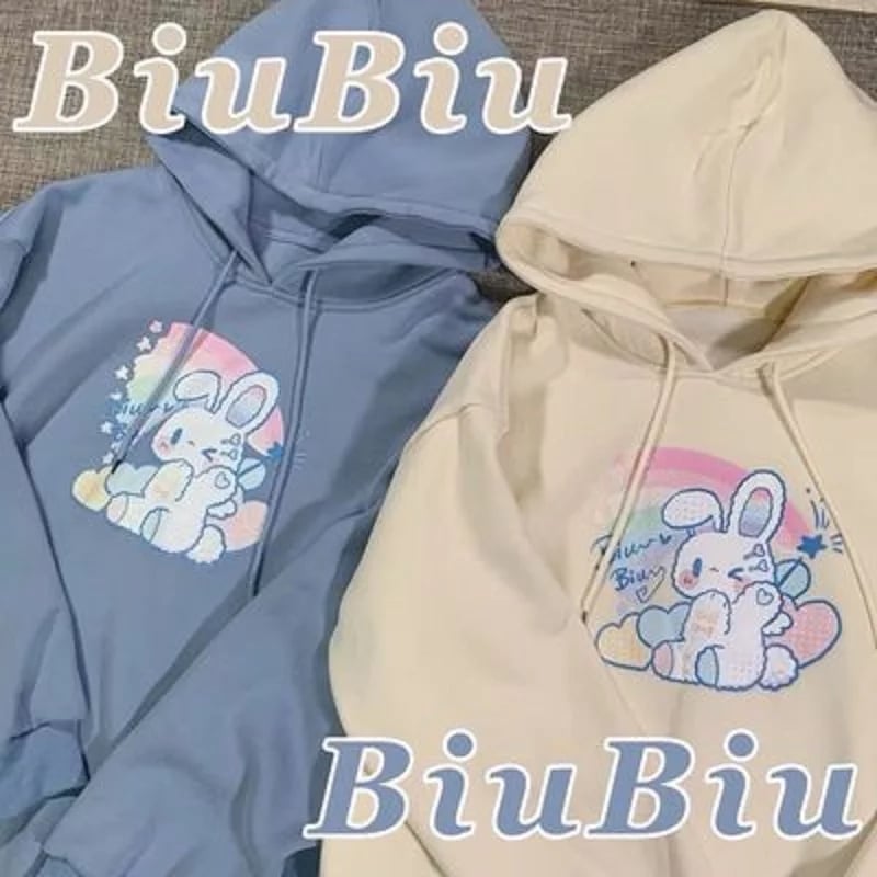 Cute Cream Bunny Rabbit Print Long Sleeve Hoodie Oversized Pullover Sweater Aesthetic Casual E-Girl Kawaii Korean Japanese Harajuku