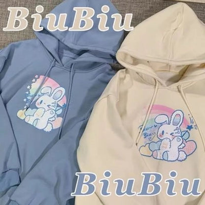 Cute Cream Bunny Rabbit Print Long Sleeve Hoodie Oversized Pullover Sweater Aesthetic Casual E-Girl Kawaii Korean Japanese Harajuku