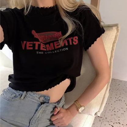 Cute Vintage Ruffle Off White Letter Print Short Sleeve Shirt Aesthetic Casual Summer E-Girl Kawaii Korean Japanese Harajuku