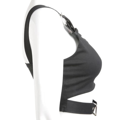 Cute Black Buckle Belt Tank Crop Top Sleeveless Shirt Camisole Bustier Corset Punk Goth Summer Aesthetic E-Girl Kawaii Korean Japanese Harajuku