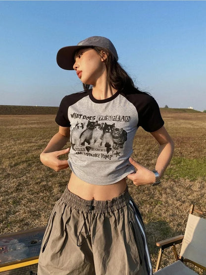 Cat Print Crop Short Sleeve T-shirt