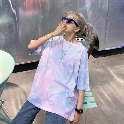 Cute Tie Dyed Hip Hop Casual Punk Goth Loose Oversized Short Sleeve Shirt Tee T-shirt E-Girl Kawaii Korean Japanese Harajuku Chinese Retro Streetwear