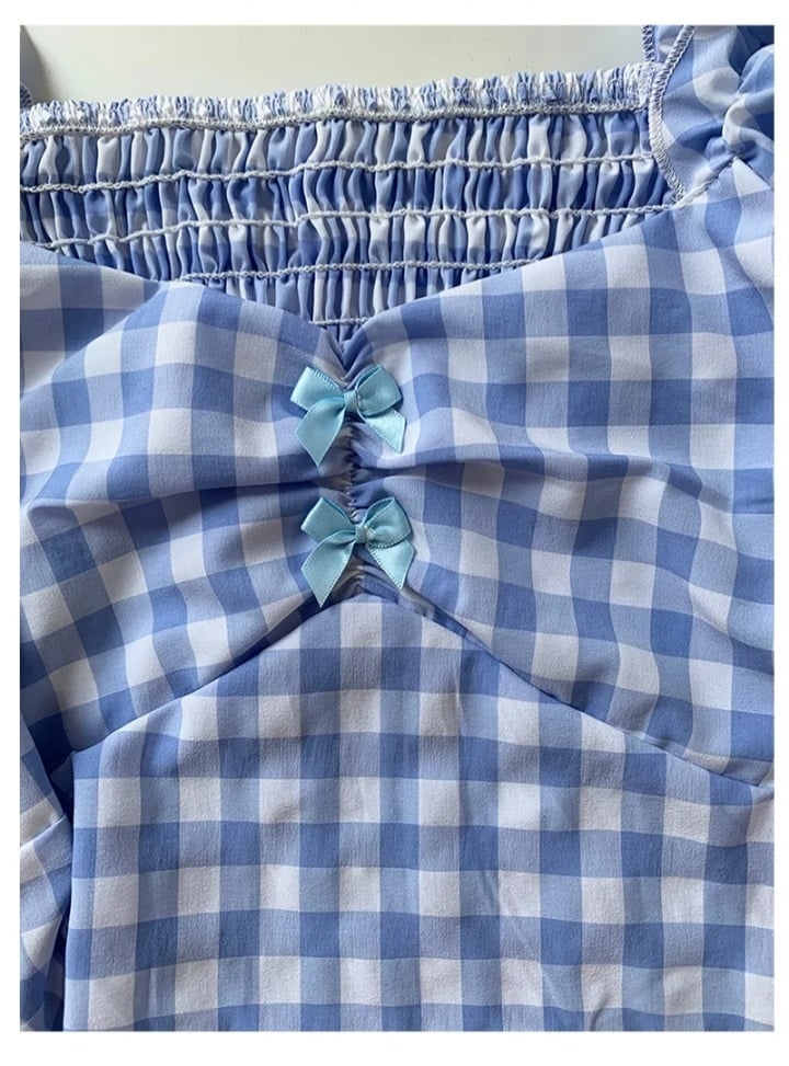 Cute Sexy Blue Plaid Print Bow Ribbon Collar Puff Short Sleeve Shirt Blouse Aesthetic Casual Summer E-Girl Kawaii Korean Japanese Harajuku
