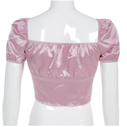 Cute Vintage Pink Silky Satin Short Sleeve Shirt Crop Top Lace Up Elegant Aesthetic Casual Summer E-Girl Kawaii Korean Japanese Harajuku
