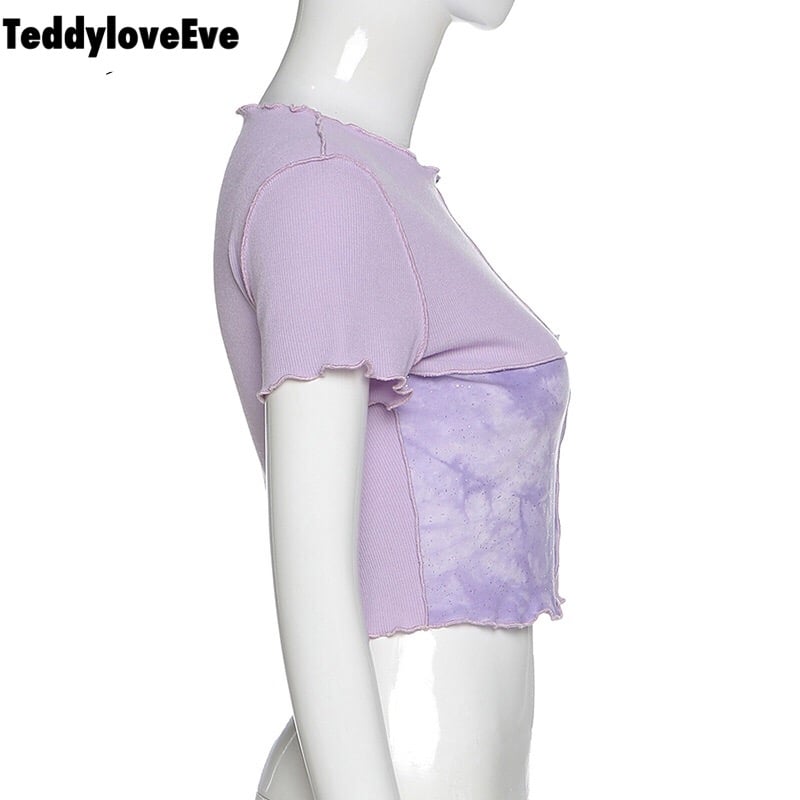 Cute Purple Sequin Ruffle Hem Patchwork Sexy Crop Top Short Sleeve Shirt Tee T-shirt Summer Casual E-Girl Kawaii Korean Japanese Harajuku Streetwear