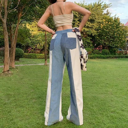 Blue Patchwork Corduroy High Waist Trousers