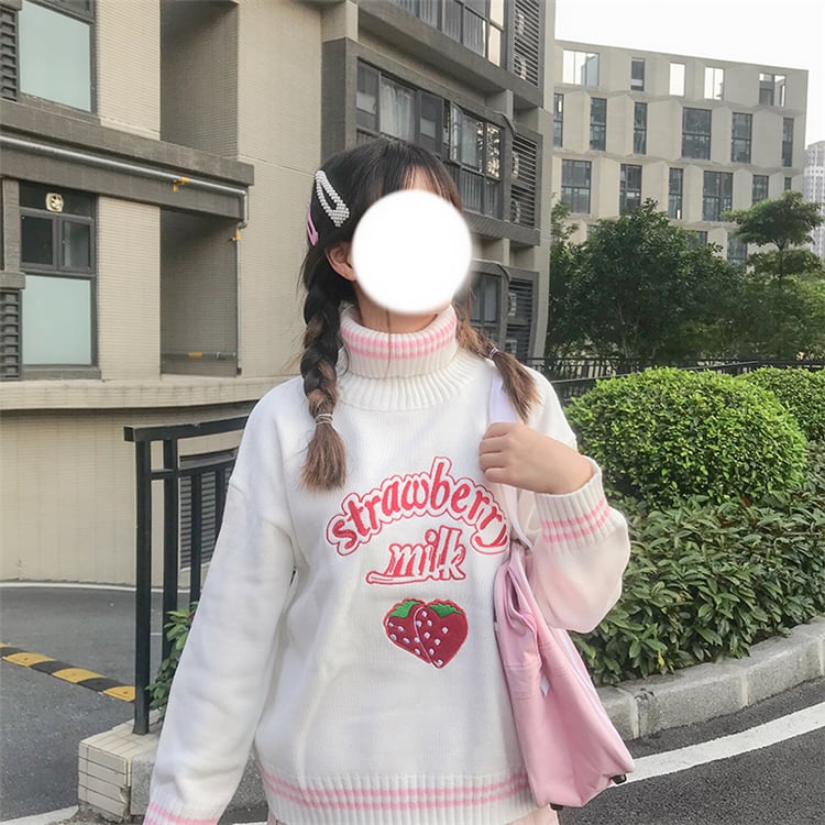 Cute Pastel Pink Strawberry Milk Turtleneck Knit Sweater Sweatshirt Jumper Long Sleeve Pullover E-Girl Kawaii Korean Japanese Harajuku Streetwear