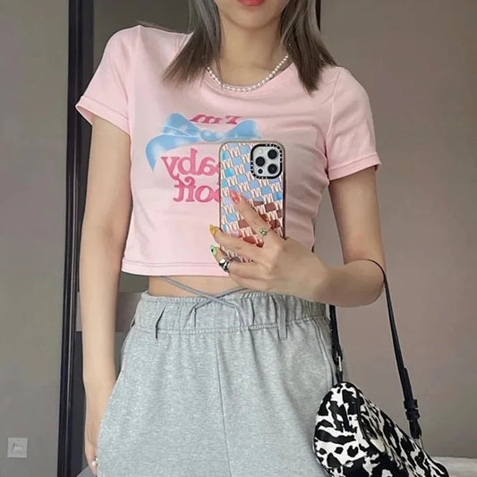 Pink Bow Print Crop Top