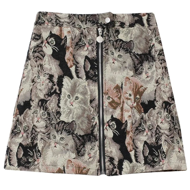 Vintage Cat Print Mini Skirt