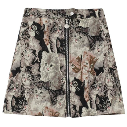 Vintage Cat Print Mini Skirt