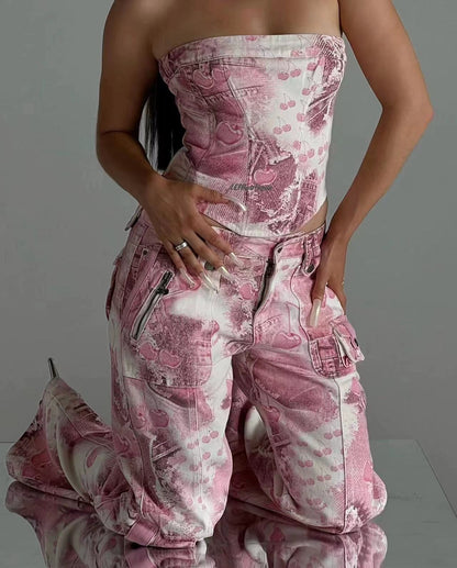 Pink Cherry Denim Tube Top
