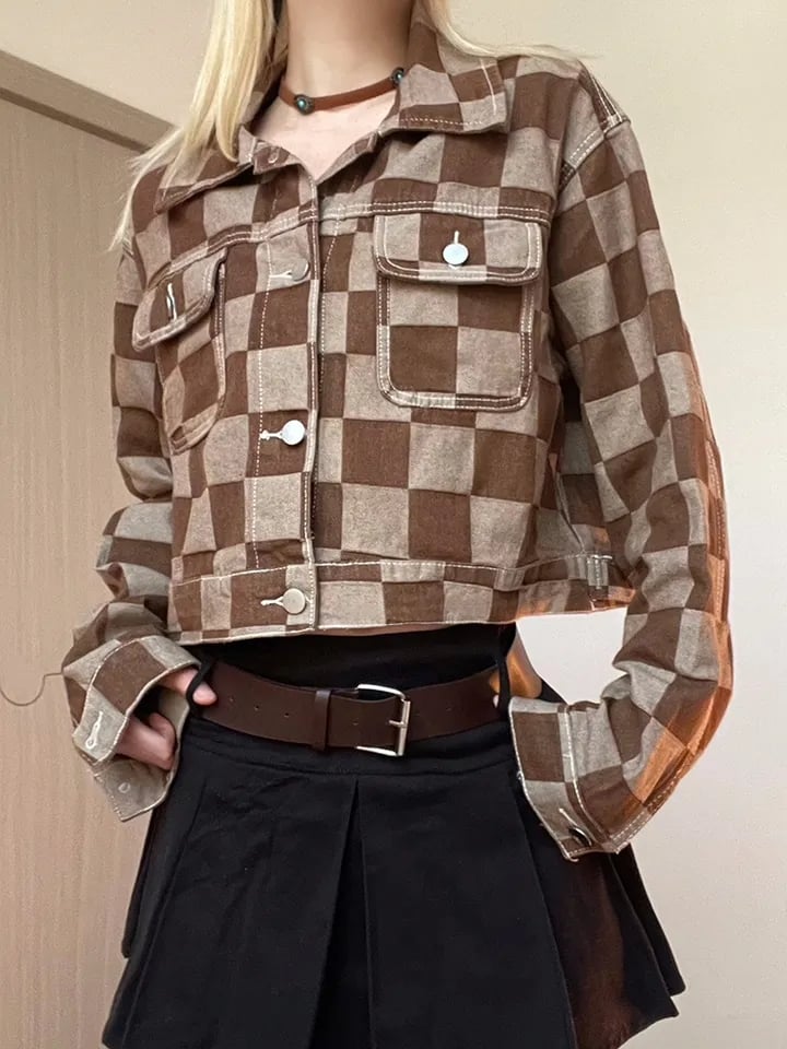 Brown Checkboard Cropped Denim Jacket