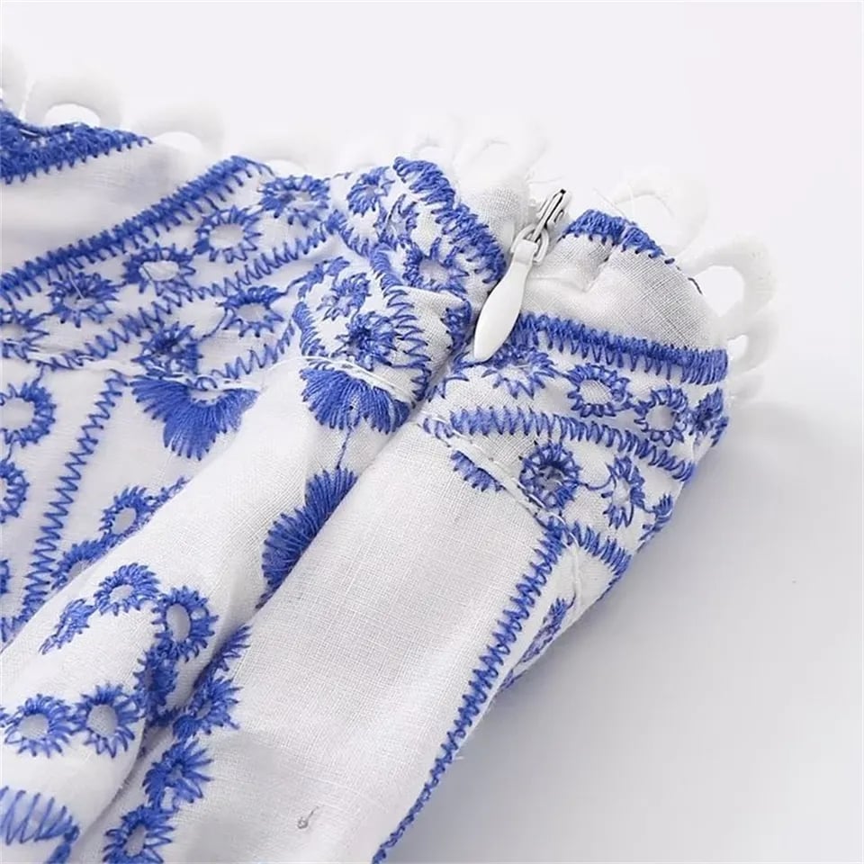 Blue Flower Embroidery Pleated Mini Skirt