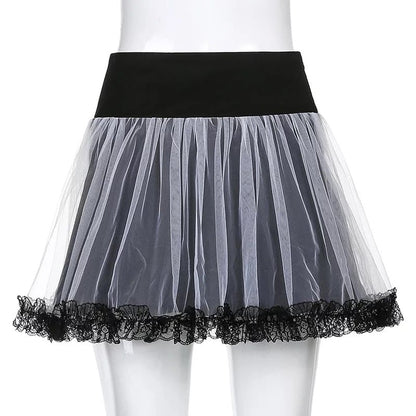 Sexy Goth Dark Punk Mesh A Line Skirt Lace Up Patchwork Ribbon Lace Trim High Waisted Summer Casual E-Girl Kawaii Korean Japanese Harajuku Streetwear