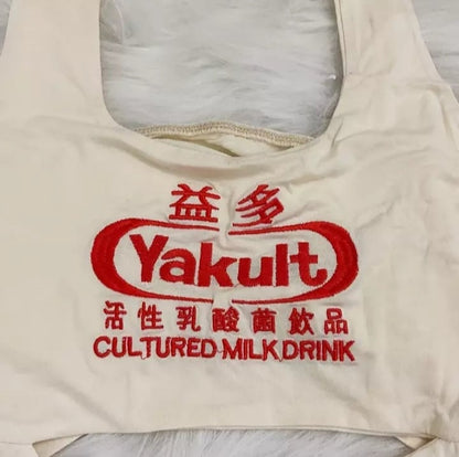 Cute Sexy Yogurt Embroidery Backless Strappy Sleeveless Shirt Tank Crop Top Summer Aesthetic Casual E-Girl Kawaii Korean Japanese Harajuku